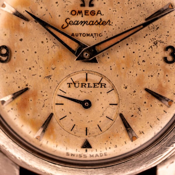 Detail of Omega Seamaster sub-seconds register signed TÜRLER with surrounding applied dart indices