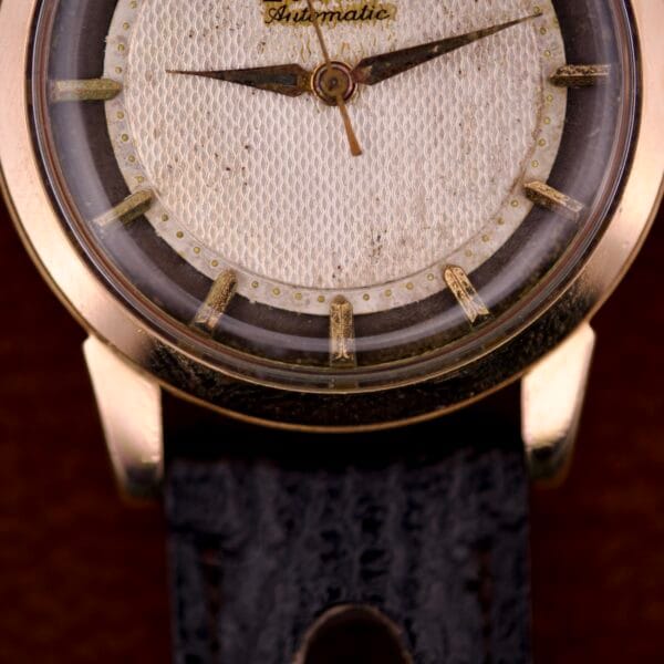 Close-up of a Zodiac Glorious Automatic Tuxedo Dial Ref. 688 Cal. 1361 with a textured white dial and classic black leather strap.