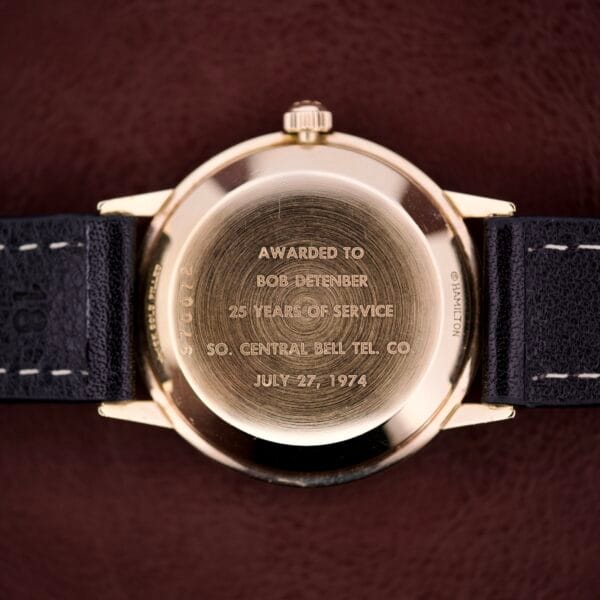 Hamilton Masterpiece Self-Winding Date watch in 10K GF Case Cal. 822, back inscribed to Bob Detenber for 25 years of service, dated July 27, 1974.