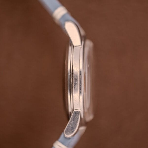 Side view of an Omega Seamaster Automatic Tropic Dial Ref. 2848 with a silver round case, light blue strap, and Cal. 490 movement, set against a brown background.