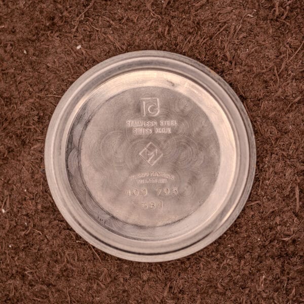 A round stainless steel plate with engraved markings, echoing the Movado HS 360 Kingmatic Video Blue Dial Ref. 409-705 Cal. 408, sits atop brown soil.