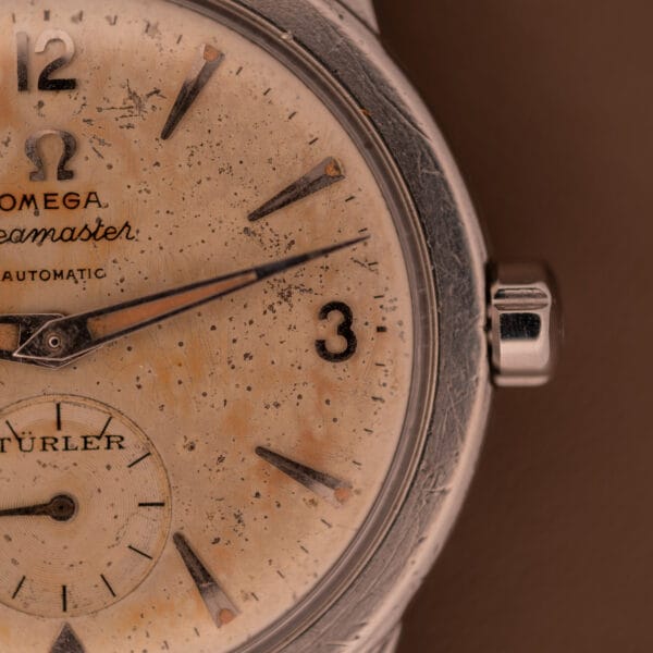 Close-up of an Omega Automatic Seamaster Bumper "Türler Dial" Ref. 2576 watch, showcasing its unique Türler dial design.