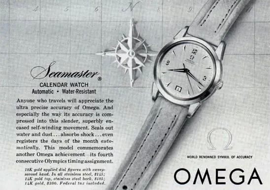 Black and white Omega Seamaster Calendar watch ad featuring a close-up of the elegant timepiece, with descriptive text highlighting its features on the left side.