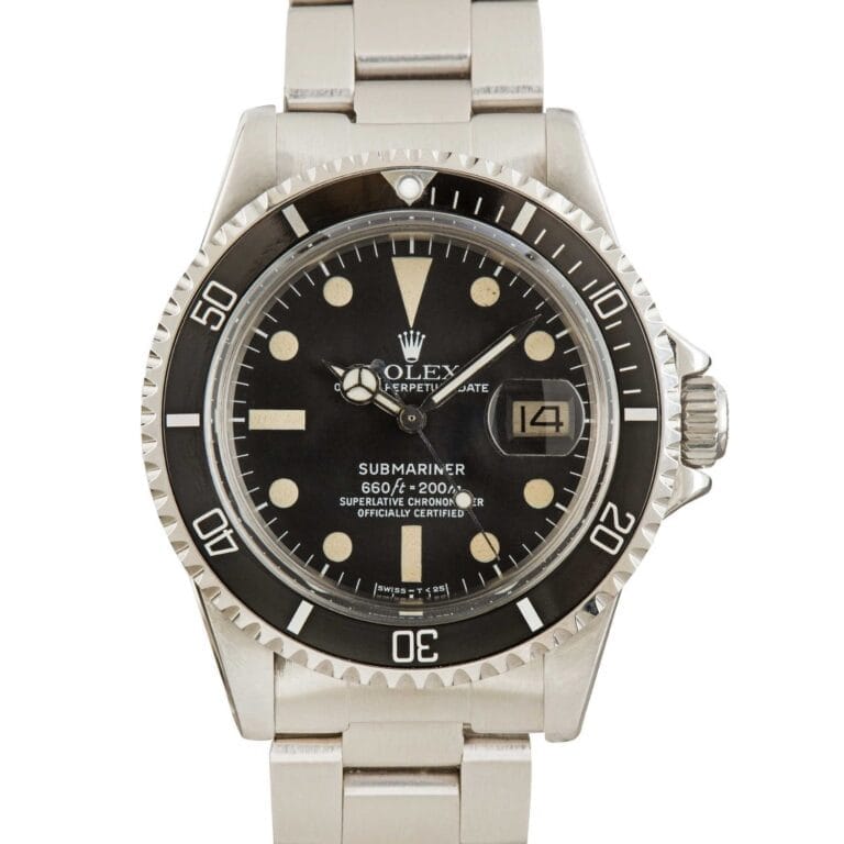 A stainless steel Rolex Submariner 1680 watch with a black dial, date window, and rotating bezel.