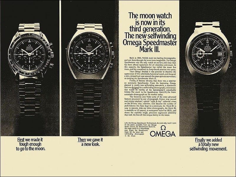 Vintage Omega ad displays three wristwatches, introducing the selfwinding Omega Speedmaster Mark III and highlighting the innovative design of the Speedmaster Mark II.