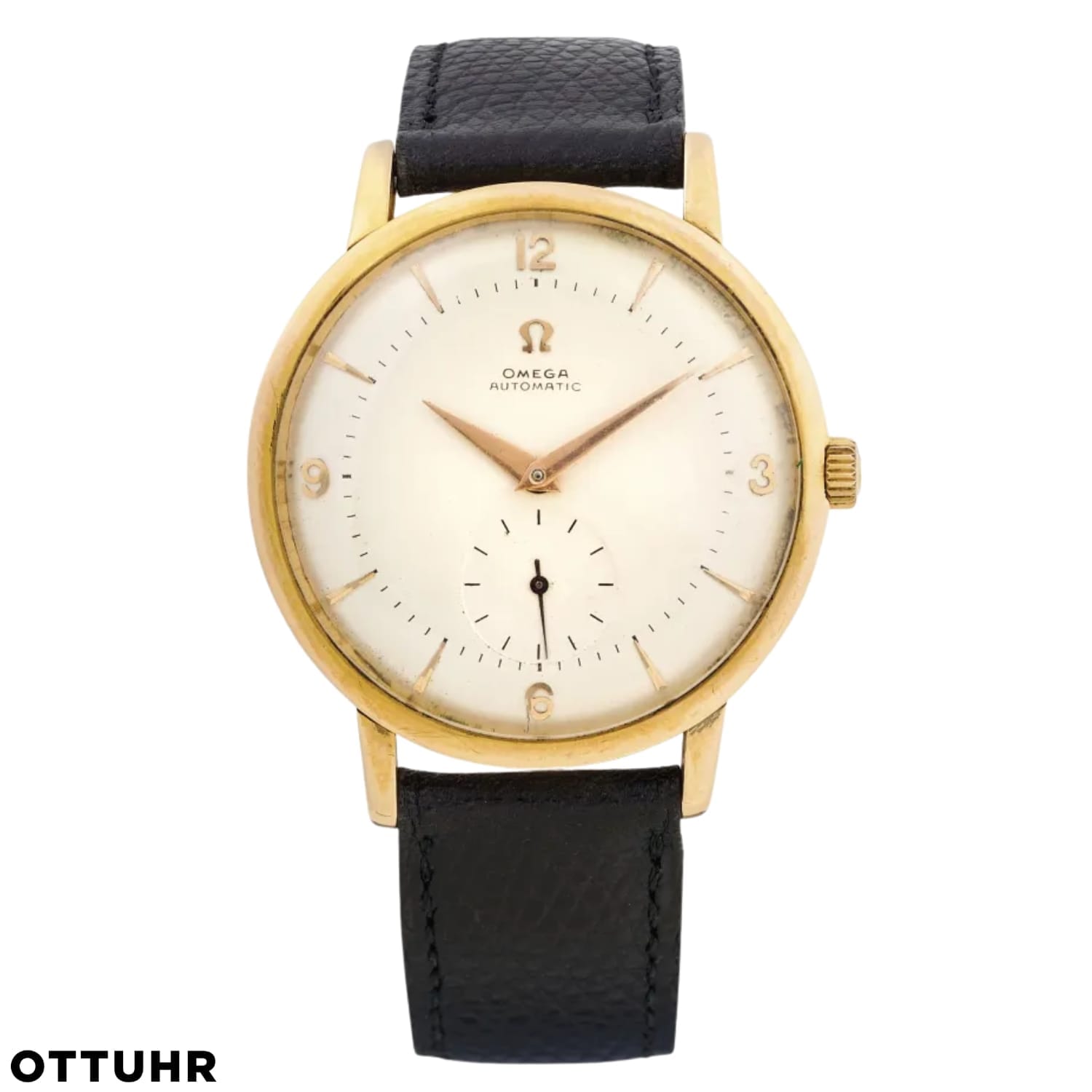 A vintage Omega 2899 wristwatch with a gold case, white dial, black leather strap, and minimal hour markers.