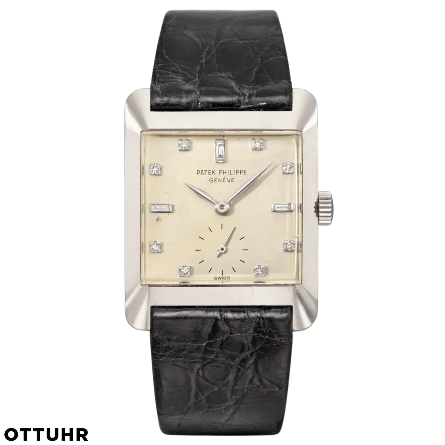 A rectangular Patek Philippe 2488 watch with a cream dial, diamond hour markers, and a black leather strap.