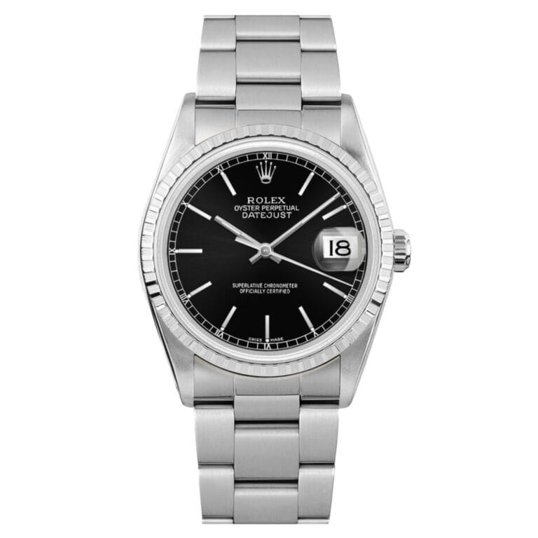 A silver Rolex Datejust 16220 watch with a black dial and date display at 3 o’clock, on a stainless steel bracelet.