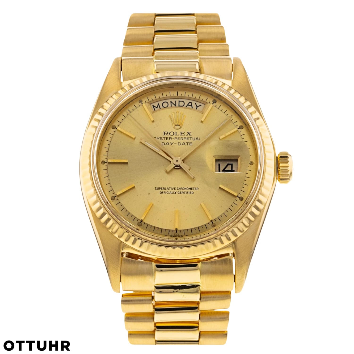 A gold Rolex Day-Date 1803 watch displaying the day and date with a linked bracelet band.