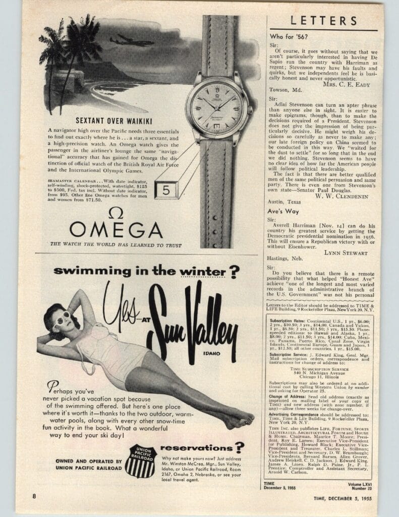 A 1955 magazine page featuring an Omega Seamaster Calendar watch ad, a Sun Valley resort ad, and several letters to the editor.
