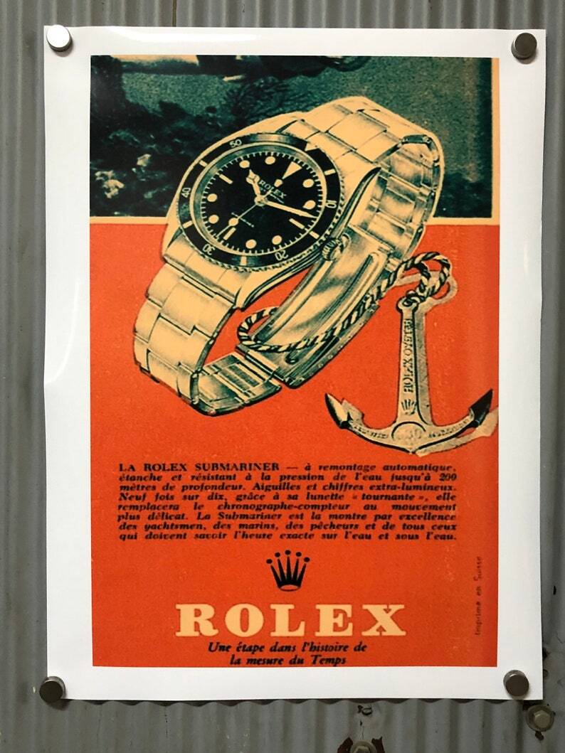 Vintage Rolex Submariner 1680 advertisement featuring a watch, anchor, and French text on an orange background.