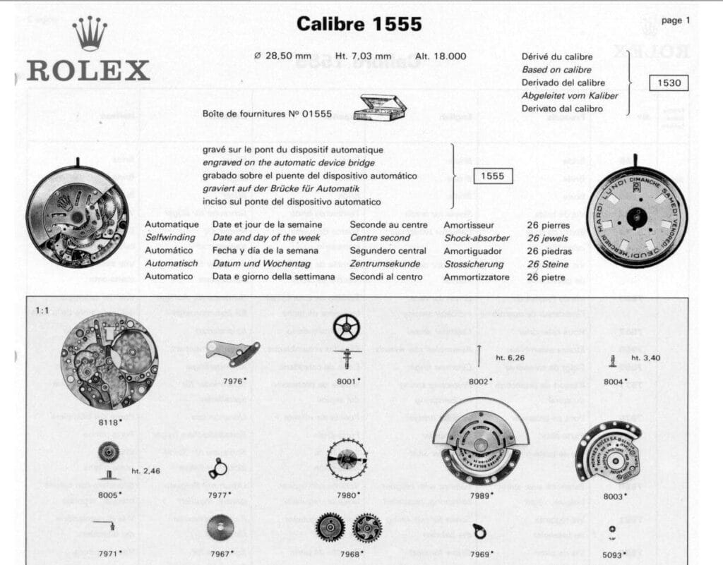 Rolex 1555 caliber parts diagram with corresponding parts number page 1