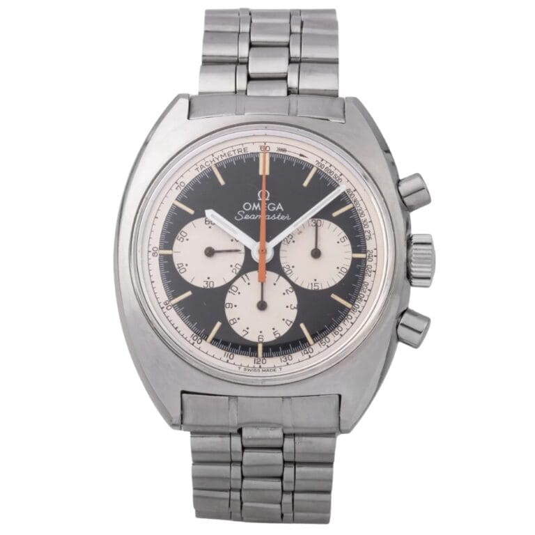 A vintage Omega Seamaster 145.006 chronograph wristwatch with a silver metal band and black-and-white dial.