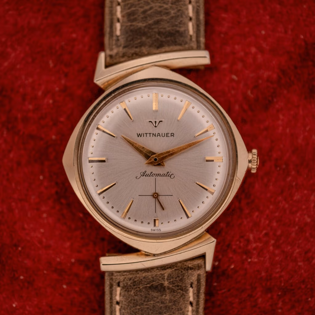A Wittnauer Automatic Ref. 2598-2 with an asymmetric case and brown leather strap, featuring Cal. 11AO movement, displayed on a red textured background.