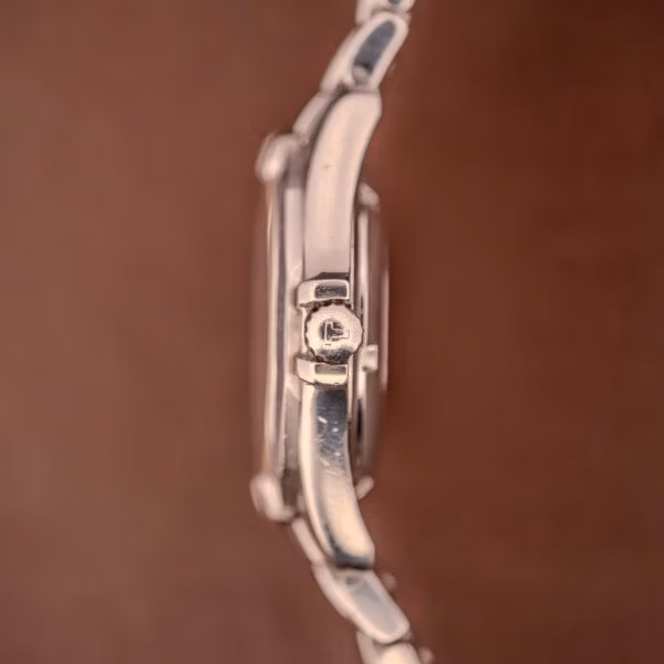 Side profile of the Tissot PR100 Automatic showing the Tissot signed T-logo crown between integrated crown guards and polished side flanks.