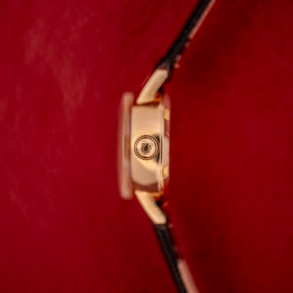 Side view of an Omega Ladymatic Sunburst Dial Ref. W 5294 Cal. 680 in gold with a black strap, featuring an elegant sunburst dial on a rich red background.