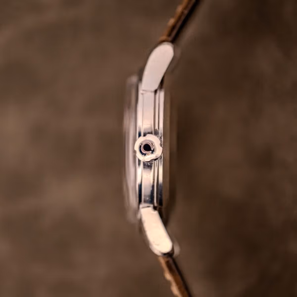 Macro side profile of the Omega Seamaster Ref. 2848 with the original Omega-signed clover crown clearly stamped with the Omega symbol