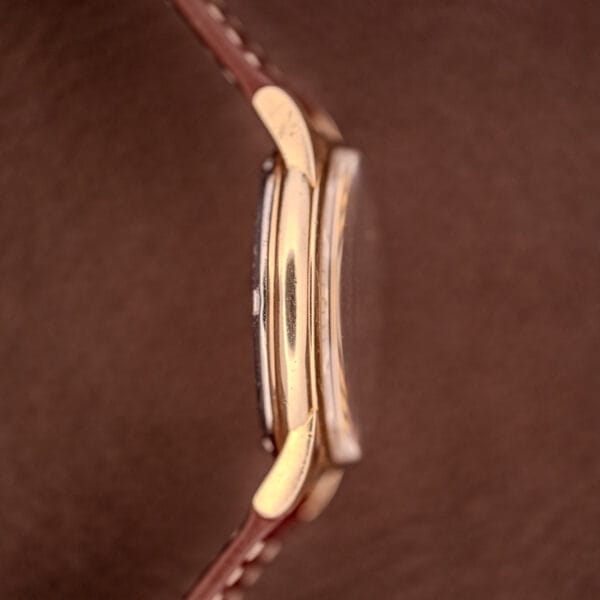 Side view of a Hamilton Automatic Cal. 689 watch featuring a sunburst dial, 10k gold filled case, and brown leather strap, set against a brown textured background.