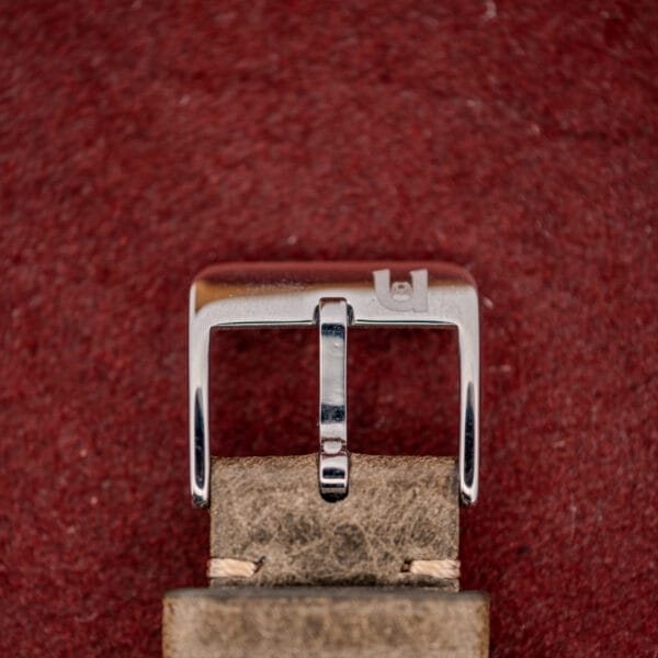 A gold-capped Omega Automatic Seamaster Ref. 2846-2848 "Deluxe" on a brown leather strap with a silver buckle, set against a textured red background.