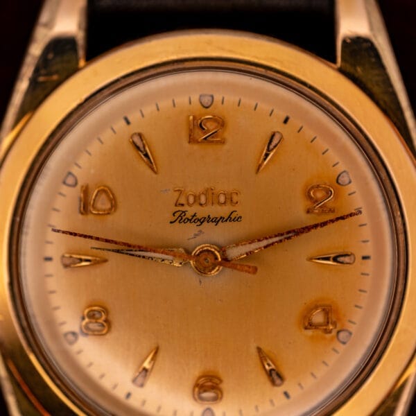 Close-up of a vintage Zodiac Rotographic Ref. 656 Tropic Dial Automatic Cal. 1381 wristwatch, displaying the time at 2:13.