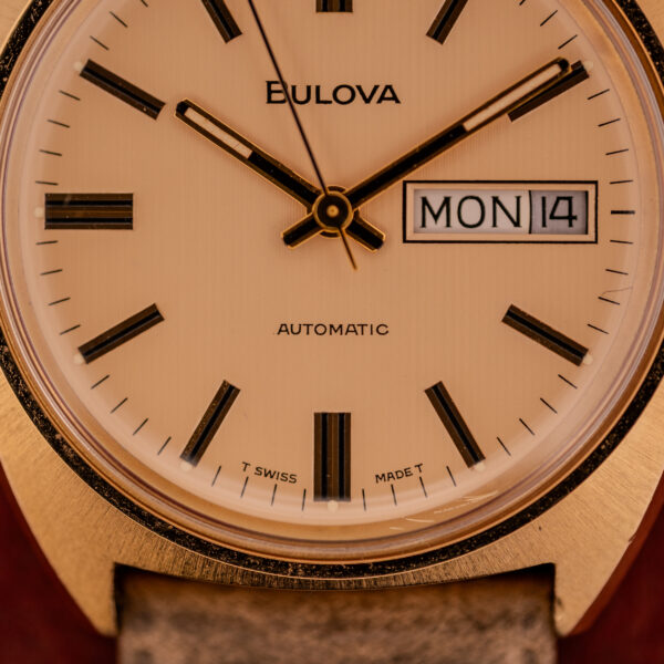Close-up of a Bulova Automatic Ambassador Day-Date Ref. 7532-1 Cal. 11AOACB c.1970s watch displaying the time at 8:41, with day and date windows set to MON 14.