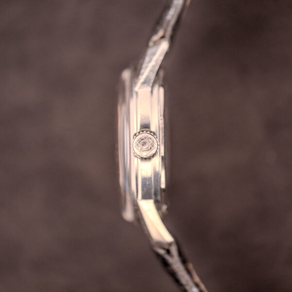 Side view of an Enicar Sherpa Seapearl 600 Super Compressor Ref. 140/013 Cal. AR 1140 with a silver case and black leather strap, set against a dark, blurred background.