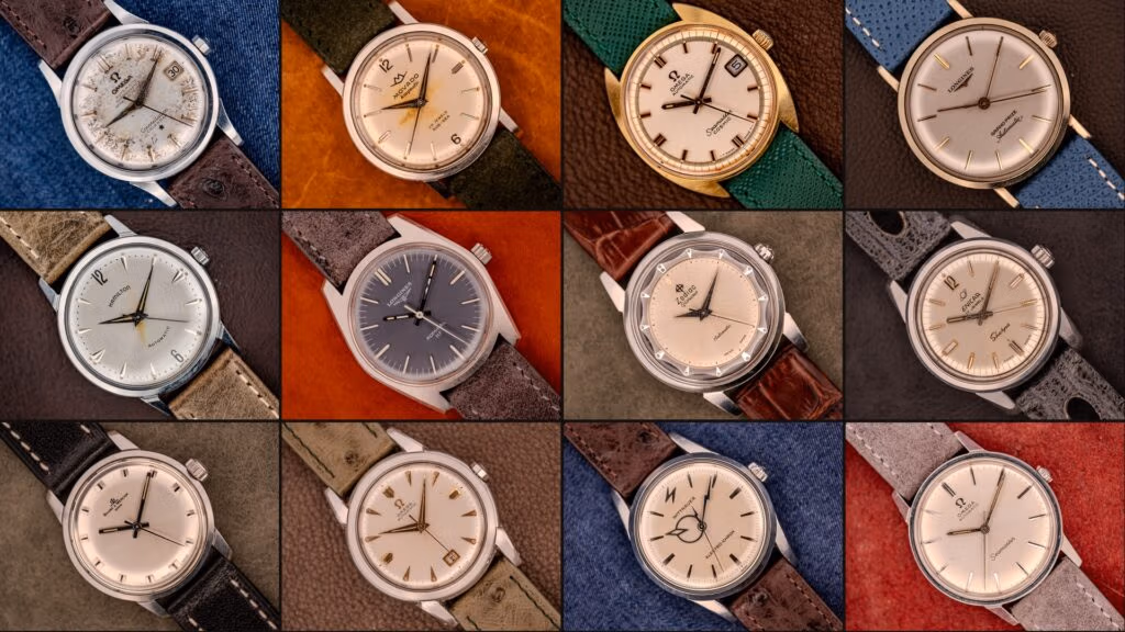 A grid of twelve vintage wristwatches, each with a different dial, strap, and background color—perfect for anyone seeking a vintage watch identification and value guide.