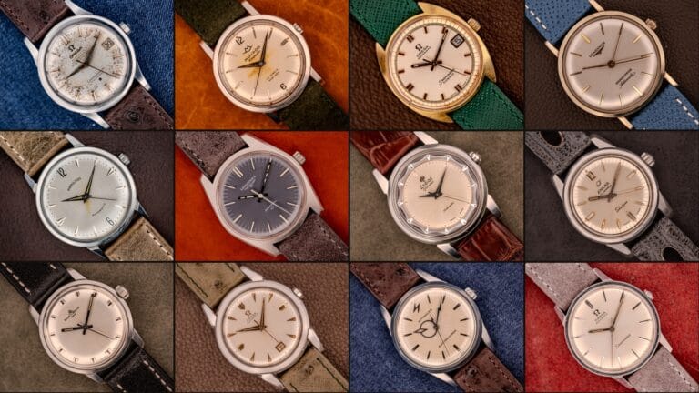 A grid of twelve vintage wristwatches, each with a different dial, strap, and background color—perfect for anyone seeking a vintage watch identification and value guide.