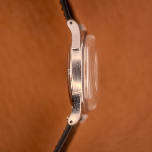 Omega Pre-Seamaster 2584-1 stainless steel case side profile, opposite view showing snap-on caseback edge