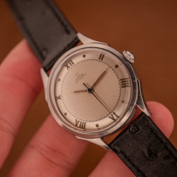 Omega Bumper 2584-1 on black ostrich leather strap with OTTUHR buckle, held in hand showing wrist proportions