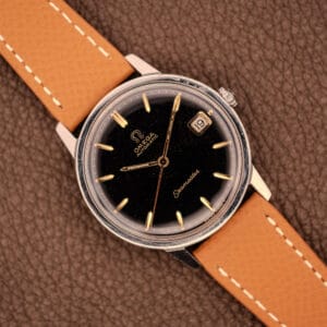 Omega Seamaster 166.002 black gilt dial automatic on tan grained leather strap with steel case