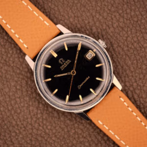 Omega Seamaster 166.002 black gilt dial automatic on tan grained leather strap with steel case