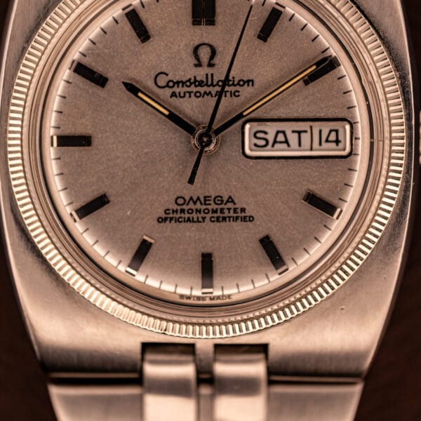 Omega Constellation 168.045 dial detail showing OMEGA Chronometer Officially Certified text and SWISS MADE print