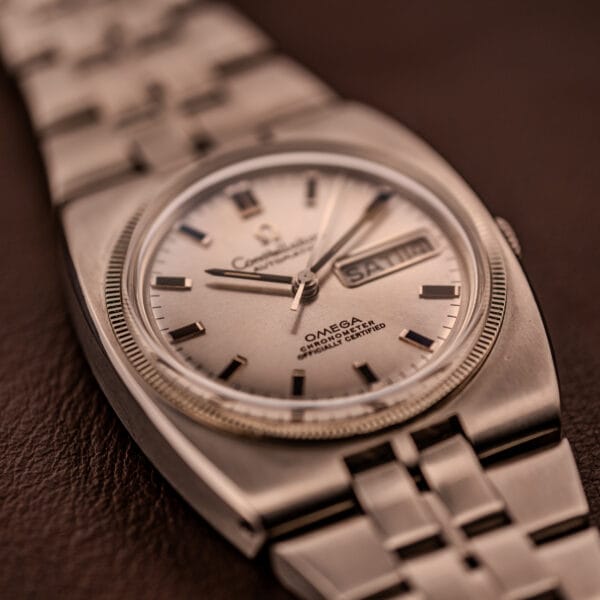 Omega Constellation 168.045 angled view on original Omega 1155/146 stainless steel bracelet