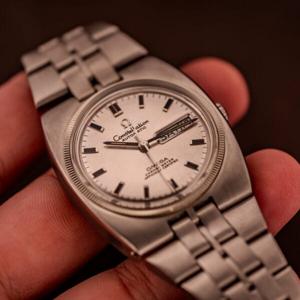 Omega Constellation 168.045 on wrist showing dial proportion against 36mm cushion case
