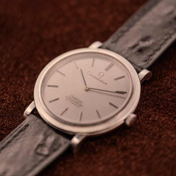 Omega Constellation Ultra Thin Ref. 157.0001 slim dress watch three-quarter on suede