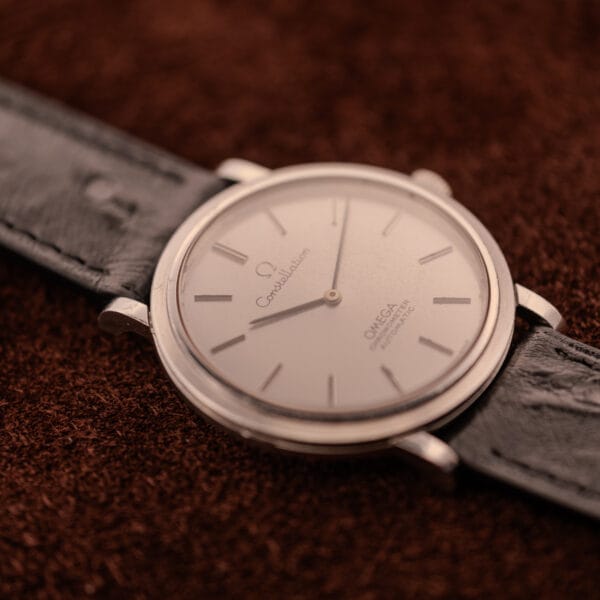 Omega Constellation 157.0001 stainless steel ultra-thin dress case three-quarter angle
