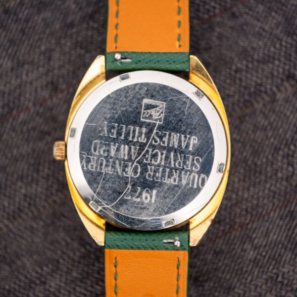 Engraved caseback reading Quarter Century Service Award James Tilley 1977 on the original presentation Omega Electronic F-300 Hz ref. 1980045