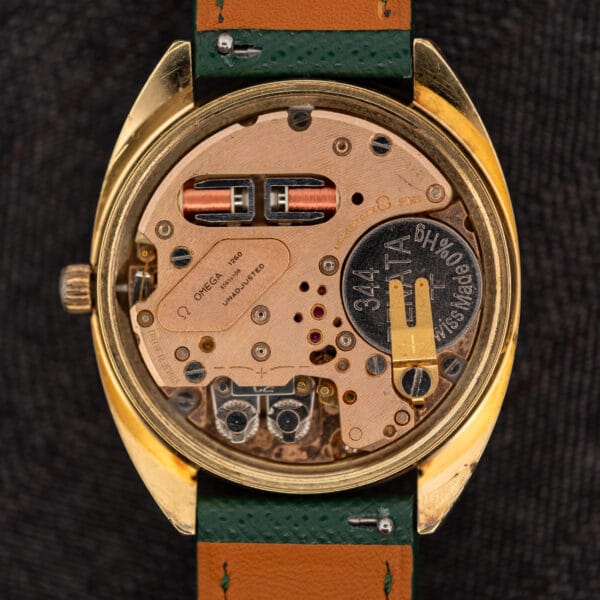 Omega caliber 1260 ESA 9162 tuning-fork movement under Bulova license with twin copper drive coils and a fresh Renata 344 battery