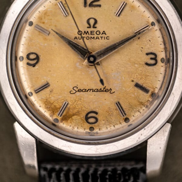 Omega Seamaster 2828 dial closeup with Swiss-only printing and tropical patina