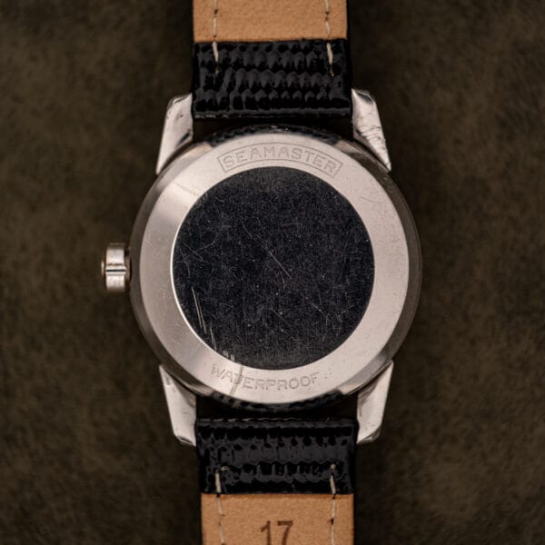 Omega Seamaster 2828 outer caseback stamped Seamaster and Waterproof on black lizard strap