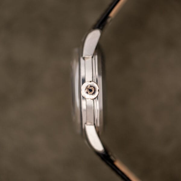 Omega Seamaster 2828 stainless steel cushion case crown profile with signed crown