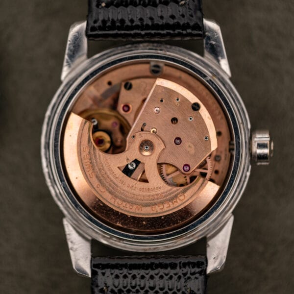 Omega caliber 470 full-rotor automatic movement viewed through open caseback