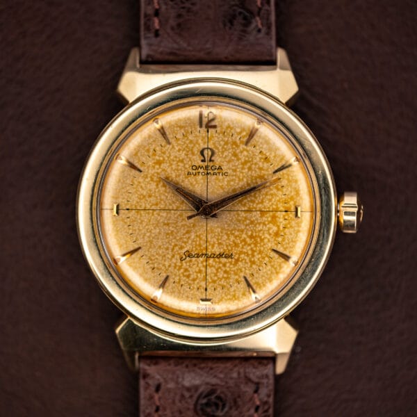 Omega Seamaster Ref. 14363-3 front view with factory tropical dial and crosshair pattern, brown ostrich strap