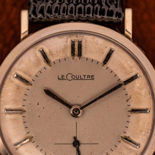 LeCoultre 3022 upper dial macro showing the printed LeCoultre wordmark and original applied baton markers
