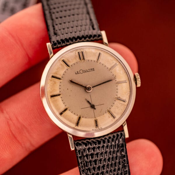 LeCoultre 3022 dress watch in hand, dial closeup with original dauphine hands and sub-seconds register
