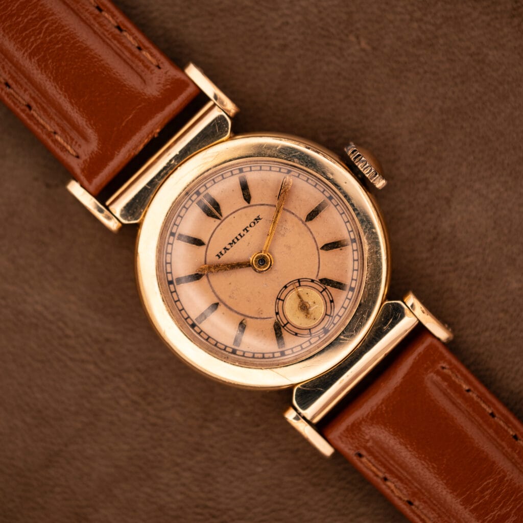 1935 Hamilton Prescott Hamilton 14k gold filled vintage watch with salmon dial on cognac leather strap