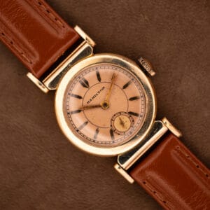 1935 Hamilton Prescott Hamilton 14k gold filled vintage watch with salmon dial on cognac leather strap