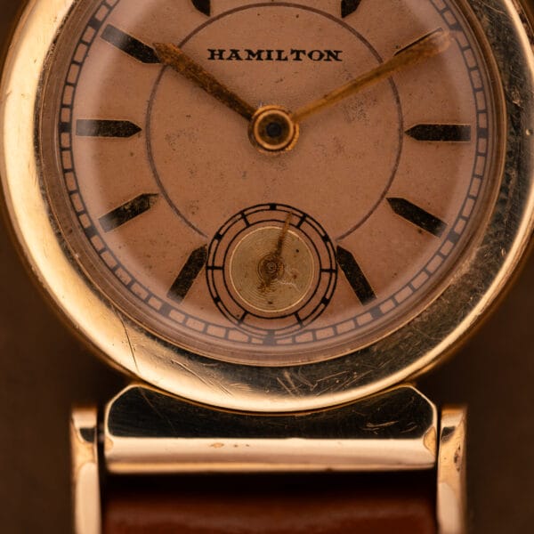 Hamilton Prescott salmon dial bottom half showing recessed subsidiary seconds register at six