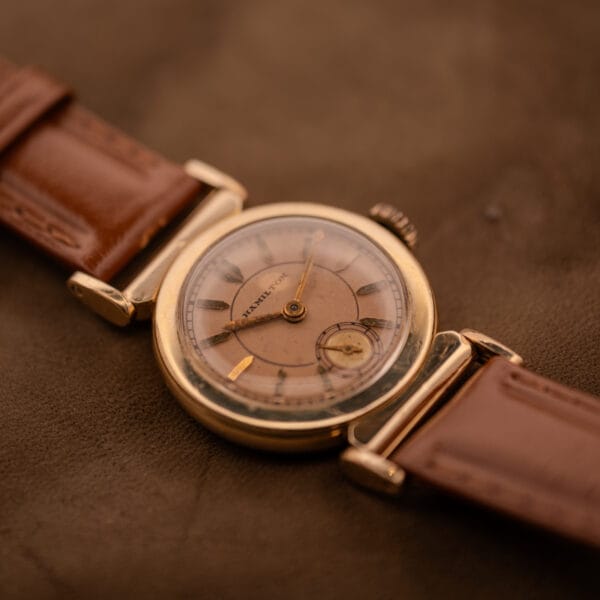 1935 Hamilton Prescott vintage watch angled view on cognac brown leather strap